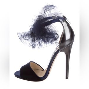 Jimmy Choo Women Dark Blue Slingback Shoes Leather Velvet Tulle Bow Pumps US 5